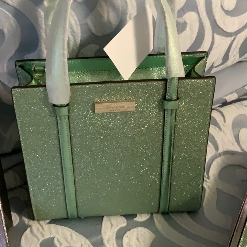 Kate Spade NWT Mini Tote Green Gold Glitter Bag, Wallet, Card Case Retail$580 - Picture 7 of 14